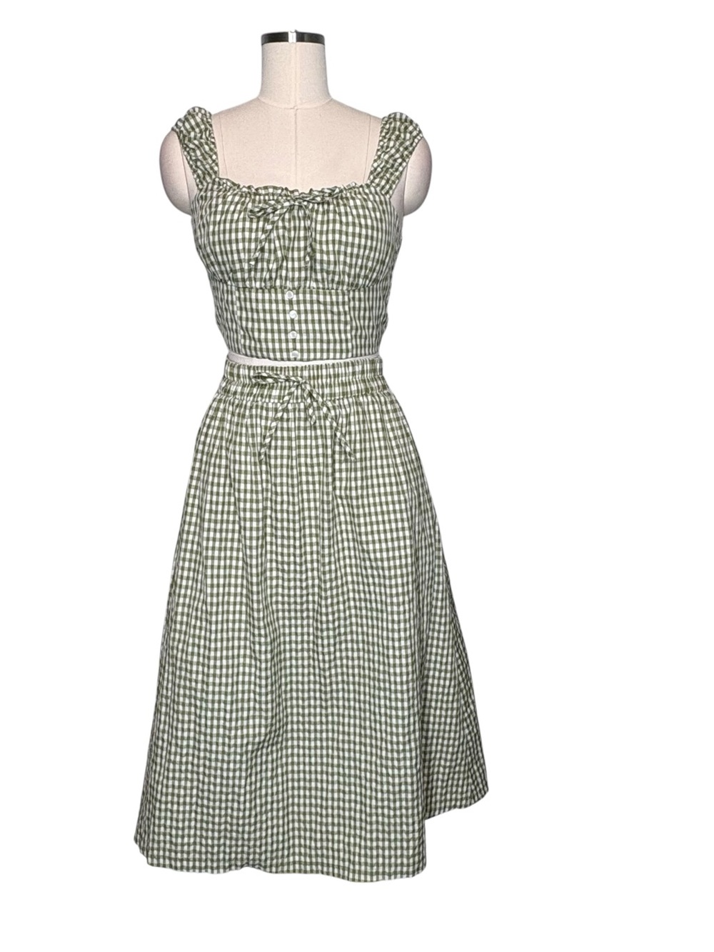 Tullea Green and White Gingham Puff Sleeve Skirt Set | S